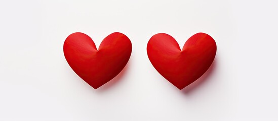 A Valentine s Day card with a copy space image showcasing two red paper hearts set against a white isolated background