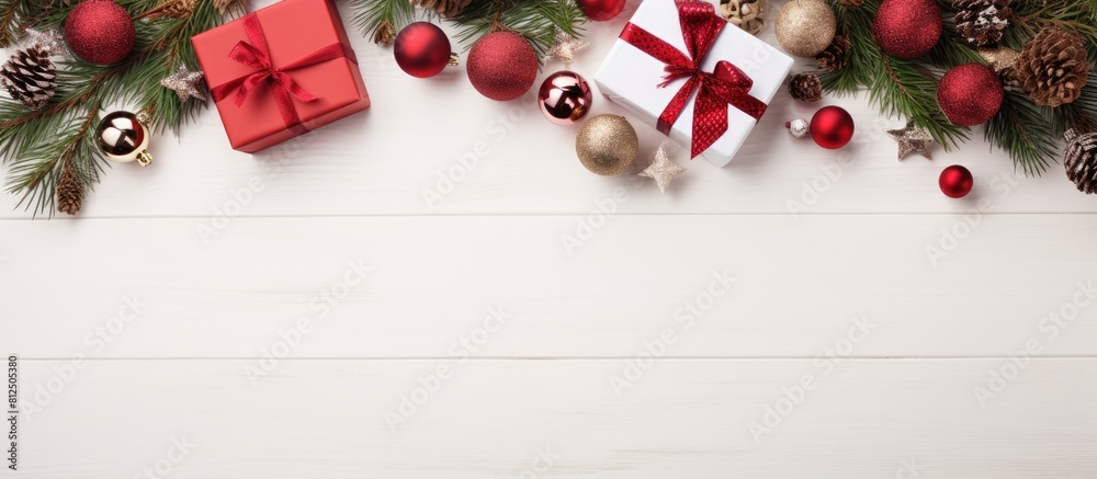 Poster A festive Christmas scene with red gift boxes decorations and a white wooden background The flat layout is creatively composed offering a top down view with a border and space for additional images o