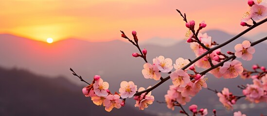 A beautiful sunset scene with peach blossoms in full bloom providing a picturesque copy space image