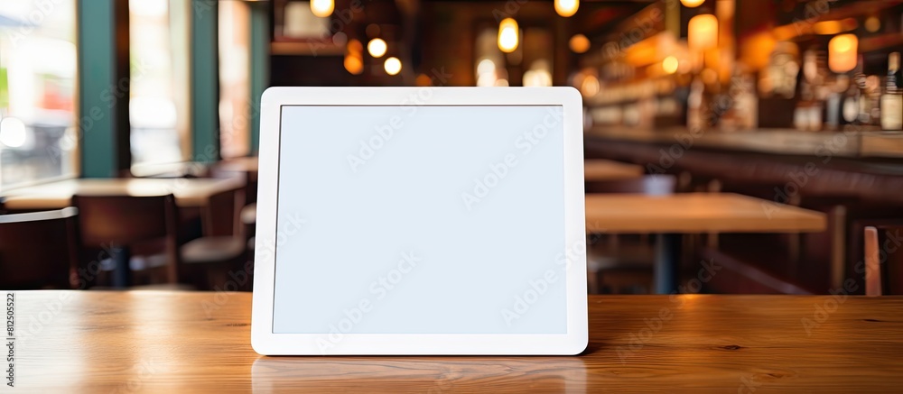 Leinwandbilder A black tablet with a white screen is placed on a wooden table providing an empty area for design This copy space image has a blank look