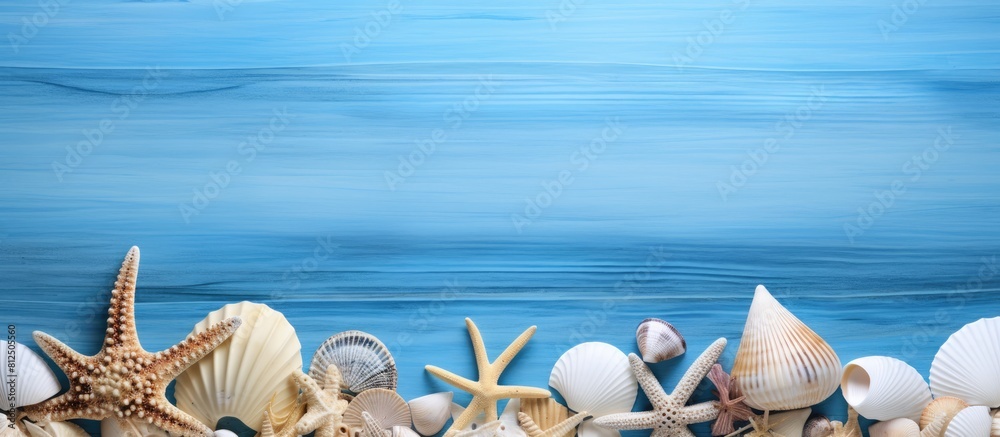 Poster Seashells and starfishes arranged on a blue wooden background creating a visually appealing copy space image