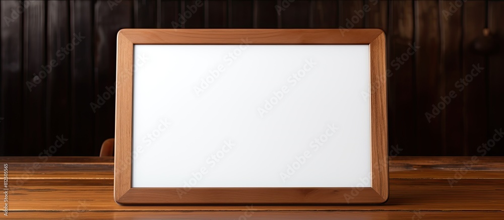 Poster a black tablet with a white screen is placed on a wooden table providing an empty area for design th