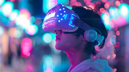 Obraz na płótnie Canvas young emotional people on multicolored background in neon light. Concept of human emotions, facial expression, sales. Smiling, playing videogames with VR-headset, modern