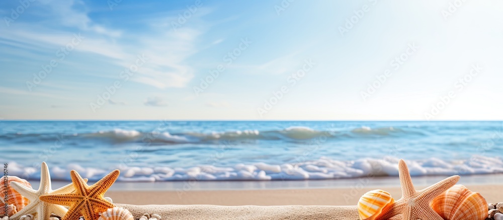 Poster a serene summer sea backdrop adorned with starfish shells and a wooden surface provides an ideal cop
