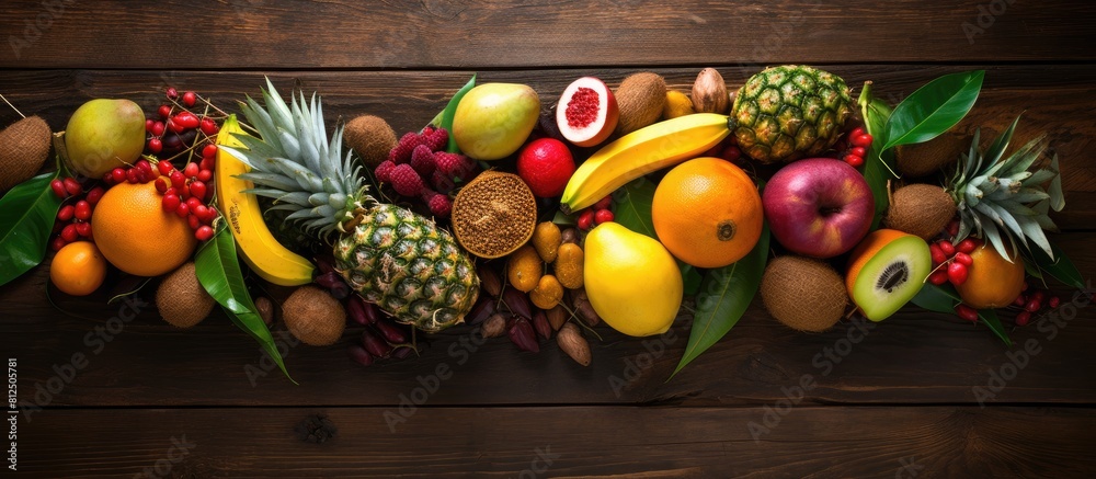 Poster a selection of freshly picked tropical fruits including mango tamarind avocado and rambutan displaye