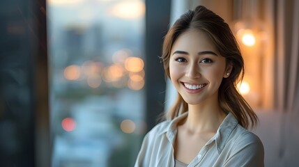 Obraz premium Smiling Young Woman Enjoying Daylight by Window with Blurred City Backdrop in Minimalist Setting