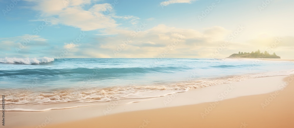 Poster a serene beach scene with sandy shore and gentle waves creating a peaceful morning ambiance perfect 