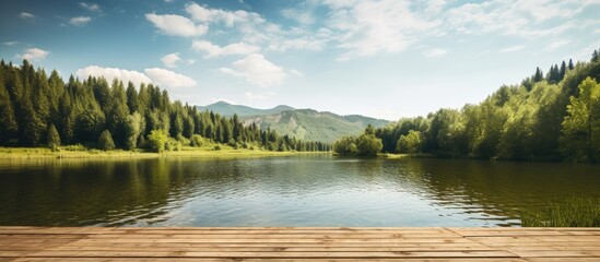 A serene forest river lake with a wooden pier set against an idyllic rural landscape on a sunny day...