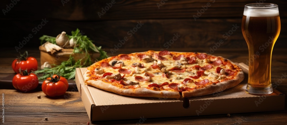Poster a set of favorite food for men featuring italian pizza in a cardboard box and light unfiltered beer 