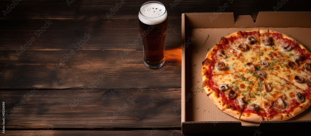 Poster a set of favorite food for men featuring italian pizza in a cardboard box and light unfiltered beer 