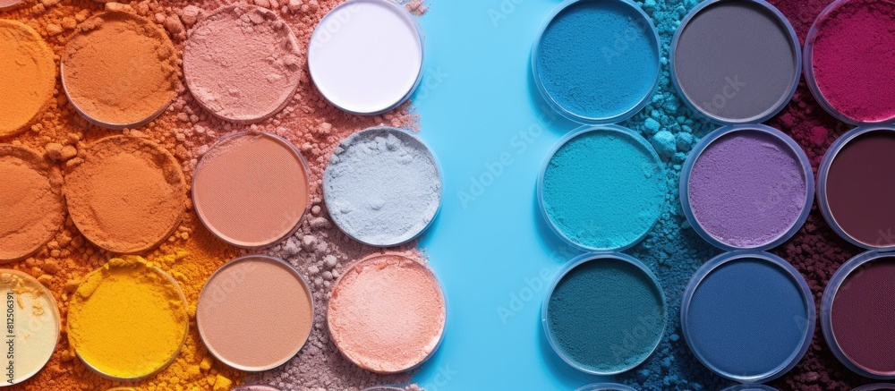 Poster colorful eye shadows arranged in a flat lay composition on a vibrant background providing ample copy