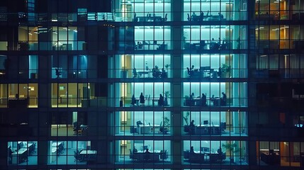 Working during the evening in a glass business center office building with many glass-walled offices and time-lapse lighting. individuals seated at desks. Take a zoom out