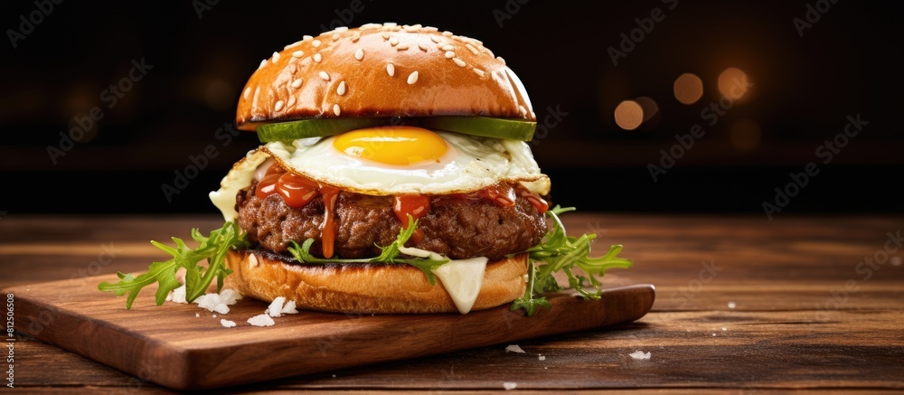 Poster a delicious egg burger showcased on a rustic wooden surface allowing for ample copy space in the ima