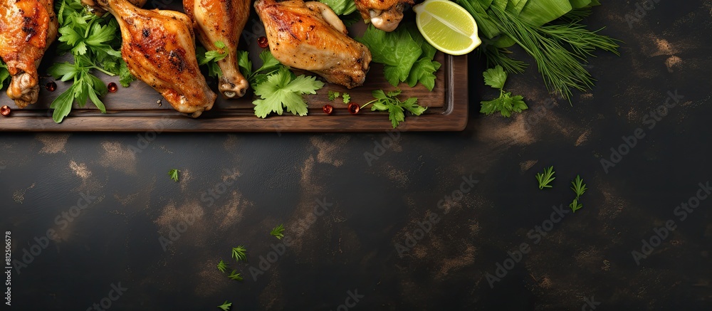 Poster top view of a light table showcasing a fresh marinade raw chicken drumsticks and lettuce with ample 