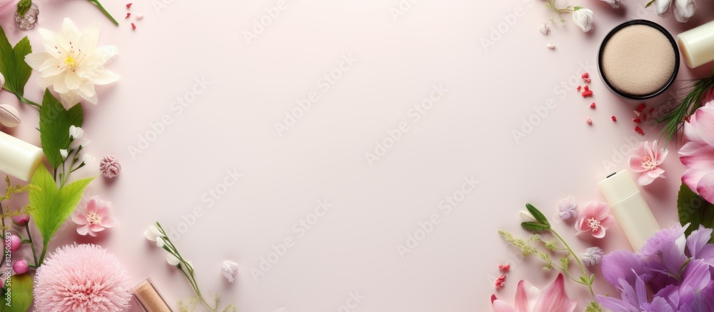 Poster Top view of a frame showcasing an assortment of cosmetic accessories against a background providing ample copy space for customization