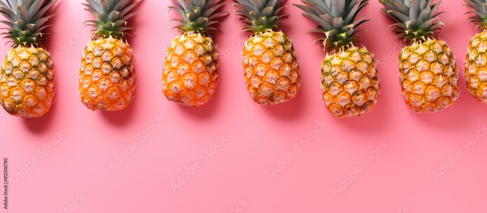 Aufkleber A flat lay top view shows a pattern of sliced pineapples on a pink background in the copy space image