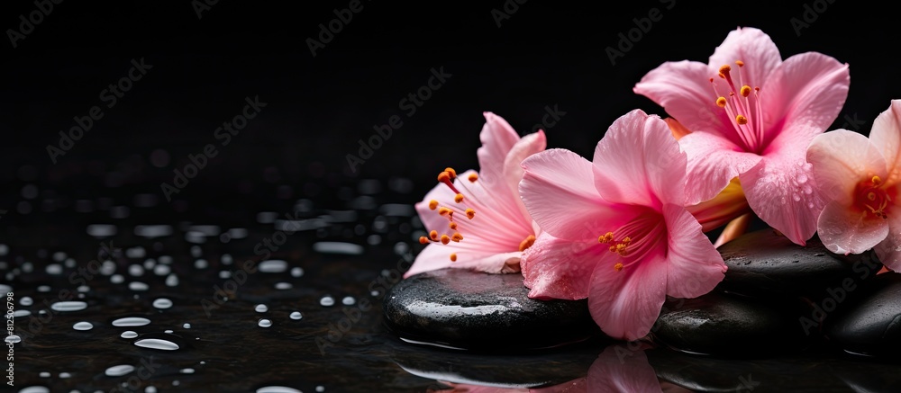 Poster a side composition of elegant pink spa flowers placed on top of spa hot stones with a wet background