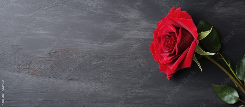 Poster A single red rose rests on a table with a black or gray background creating a captivating flat lay image from a top down perspective with space for text or other elements. Creative banner