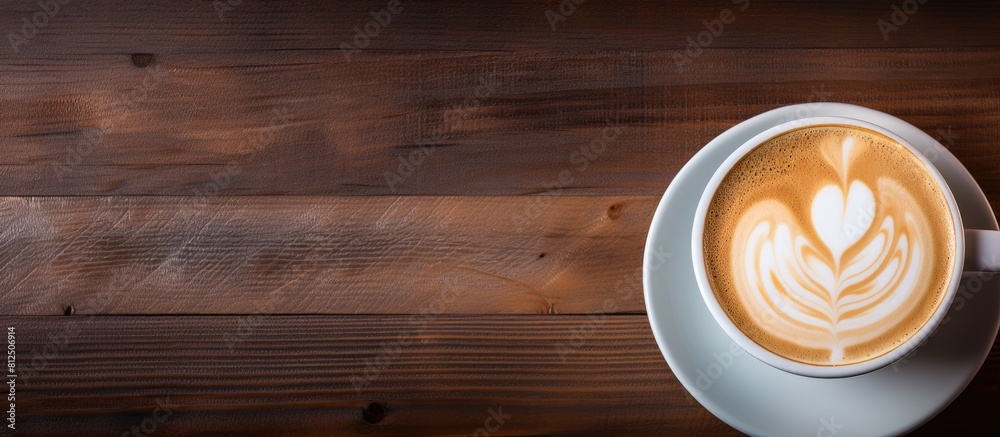 Poster A latte coffee sits on a wooden table with a copy space image available