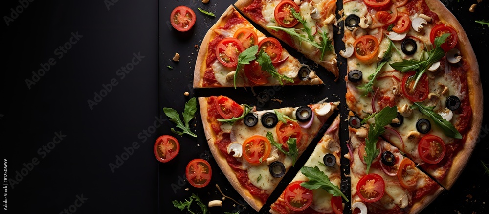 Aufkleber A top view of a sliced pizza on a black background topped with mozzarella four cheese olives and arugula with copy space for a restaurant menu image