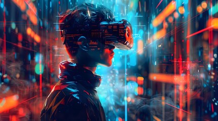  young emotional people on multicolored background in neon light. Concept of human emotions, facial expression, sales. Smiling, playing videogames with VR-headset, modern