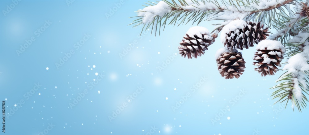 Aufkleber A snowy Christmas tree branch adorned with pine cones set against a light blue backdrop and accompanied by ample copy space for additional content