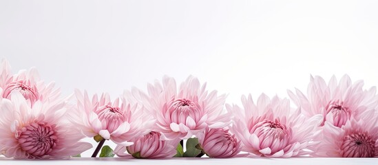 Soft pastel hued chrysanthemums in a delicate shade of pink beautifully contrast against a pristine white background in this captivating copy space image
