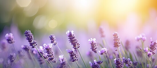 Copy space image of blooming lavenders in a lush green garden surrounded by a beautiful bokeh effect