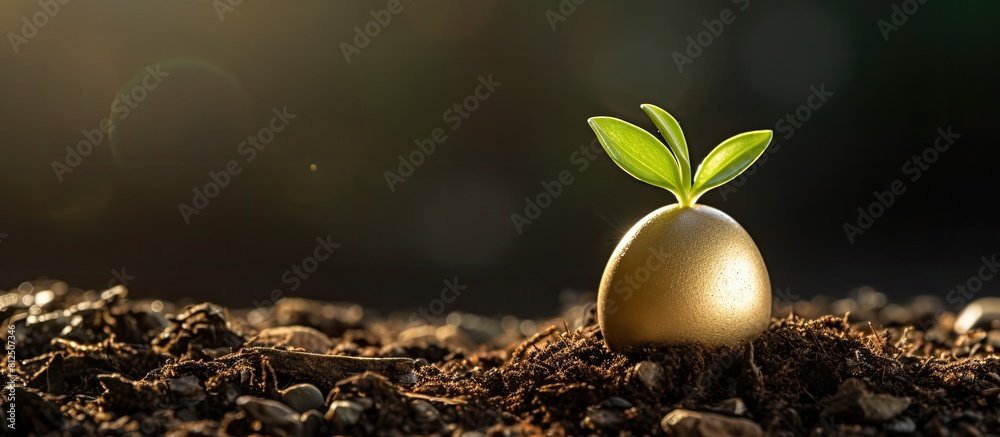 Poster A sprout emerges from an eggshell on a stack of bitcoins representing the concept of financial growth through cryptocurrency investment Copy space image