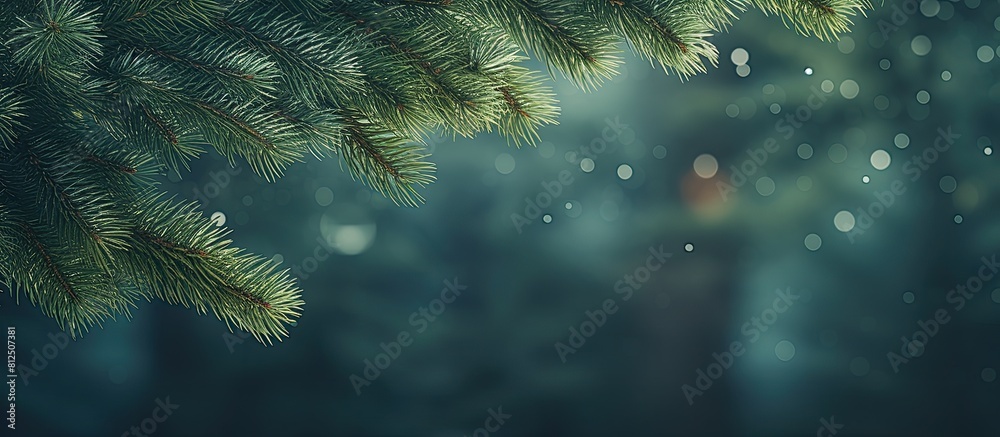 Fototapete Spruce branches create a natural frame with copy space allowing for text placement The background is blurred producing a realistic bokeh effect