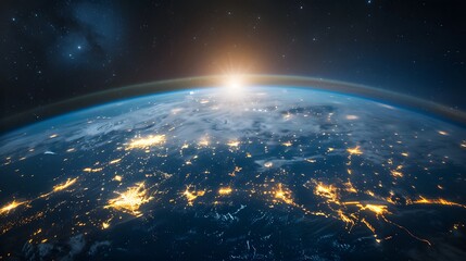 As the sun sets on Earth, witness the mesmerizing glow of city lights twinkling across continents