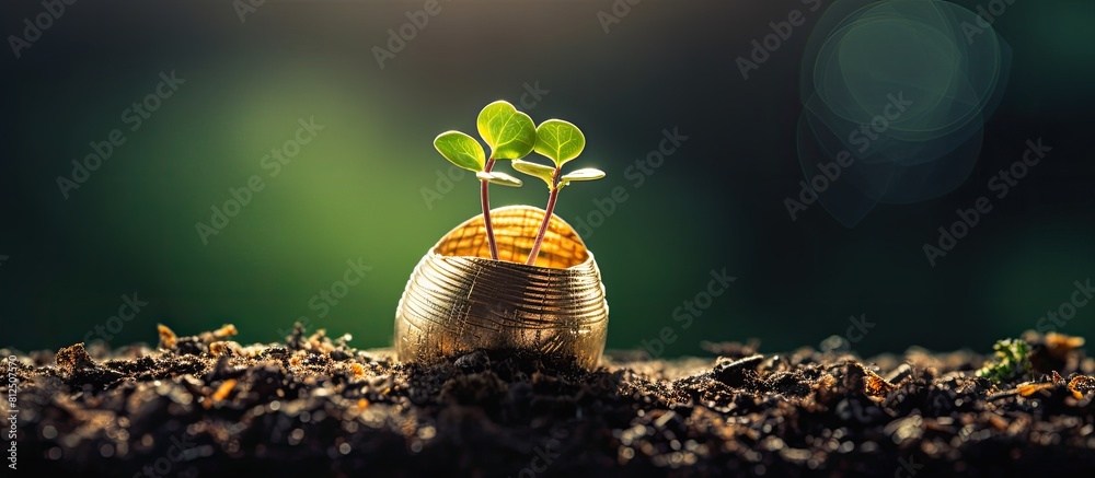 Poster A sprout emerges from an eggshell on a stack of bitcoins representing the concept of financial growth through cryptocurrency investment Copy space image