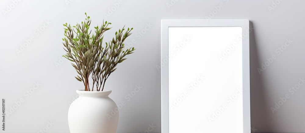 Leinwandbilder A mock up of a wooden white frame for text stands vertically against a gray background It features a decorative vase with plants reflecting a stylish design with ample space for text Copy space image