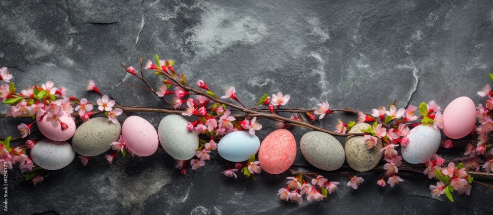 Aufkleber a stone background with cherry blossom flowers and easter eggs creating a beautiful image good for b