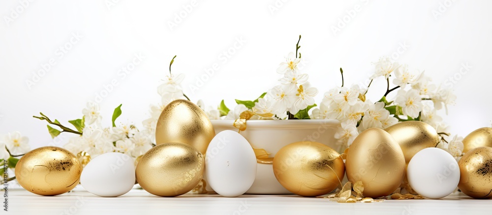 Leinwandbilder a stunning table arrangement showcasing golden easter eggs against a pristine white backdrop perfect