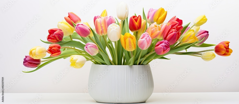 Aufkleber A stunning display of parrot style tulips arranged in a vase set against a white background The image captures the essence of spring holidays with ample copy space