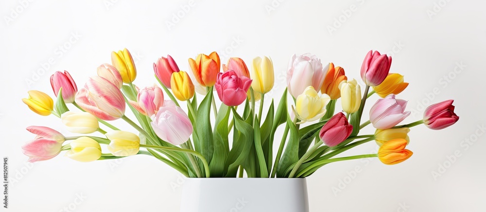 Poster A stunning display of parrot style tulips arranged in a vase set against a white background The image captures the essence of spring holidays with ample copy space