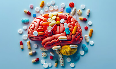 Conceptual Representation of Human Brain Composed Entirely of Various Medication Pills on Light Blue Background, Symbolizing Pharmaceutical Influence on Mental Health