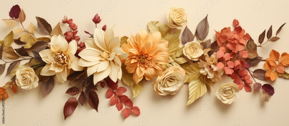 Poster a stunning autumn arrangement of flowers and leaves beautifully arranged in the garden captured from