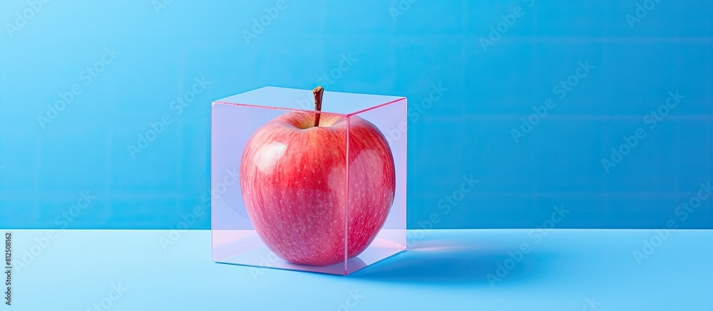 Poster a stunning pink apple is inside a box placed on a blue background leaving space for an image. creati