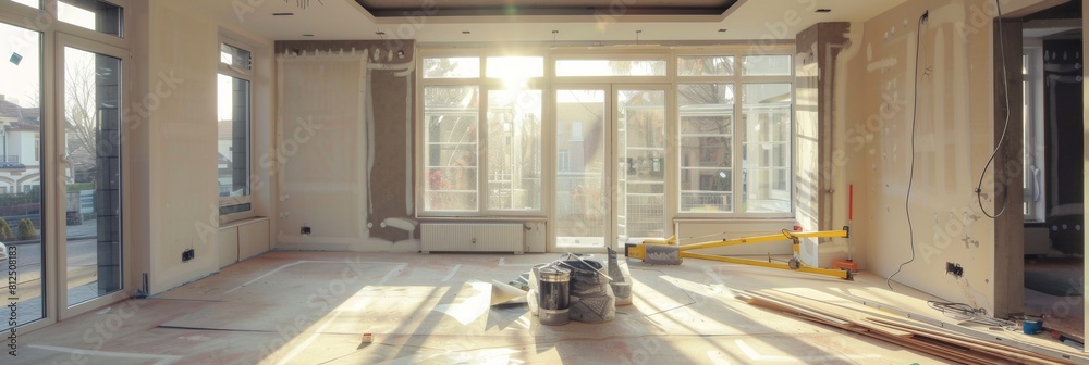 Aufkleber a room being renovated with new wooden floors and windows, enhancing the space with a touch of natur