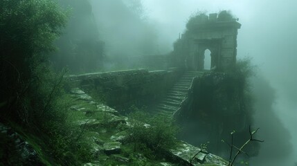 An ancient ruin on a misty mountain, with forgotten temples and overgrown paths. A mysterious fog envelops the scene, creating a sense of mystery and age. Resplendent. - Powered by Adobe