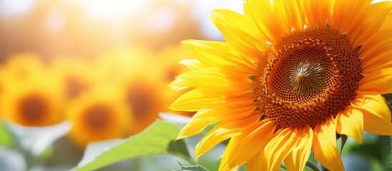 Fototapeta premium Closeup of a stunning sunflower in full bloom on a summer day providing ample space for adding text in the image