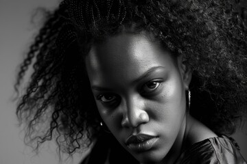 An African American woman with a fashionable hairstyle of many braids looks out from under her brows. Black and white image. Gloomy mood, depression, mistrust.