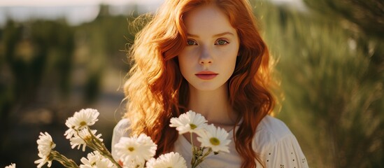 Fototapeta premium A stunning redhead holding a bouquet of daisies poses in nature with ample copy space for an image
