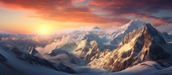 A stunning winter landscape with mountain rocks in the Alps illuminated by the warm hues of a captivating evening sunset Ideal for a copy space image