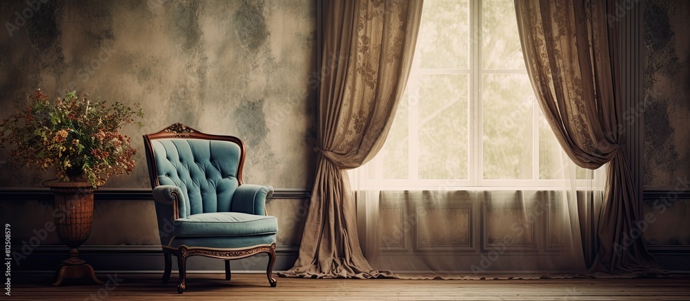 Aufkleber A stylishly decorated room with a cozy chair and elegant curtains by a beautiful window Ample space available for adding text atop the image
