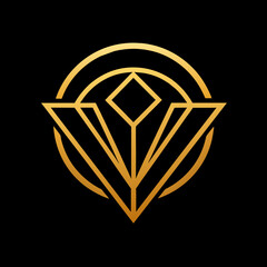 Create a high-resolution gold jewelers shop logo vector art illustration with a perfect stylish modern shape featuring a line design on a solid black background. 