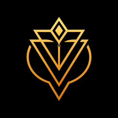 Create a high-resolution gold jewelers shop logo vector art illustration with a perfect stylish modern shape featuring a line design on a solid black background. 