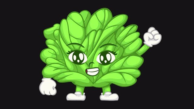 Dancing spinach cartoon character. humanized spinach vegetable, animation video with alpha channel